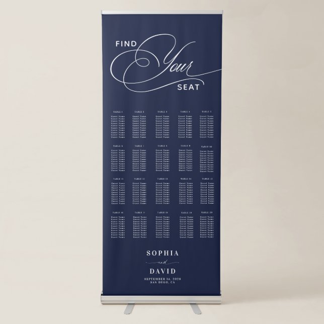 Chic Navy Blue Calligraphy Wedding Seating Chart Retractable Banner (Front)