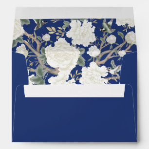 Chic Navy Blue Chinoiserie Peony Birds Porcelain Envelope