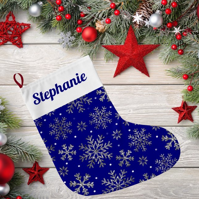 Chic Navy Blue Christmas w/ Elegant Snowflakes Large Christmas Stocking (Creator Uploaded)