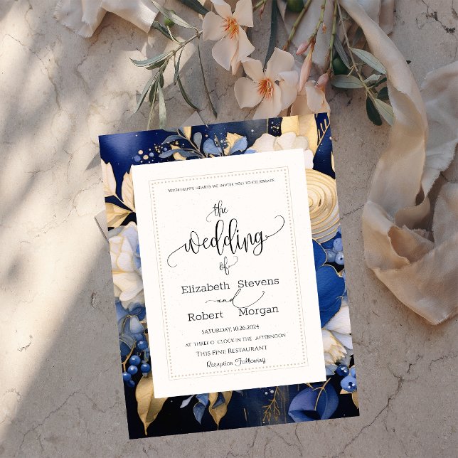 Chic Navy Blue Cream Flowers Wedding Invitation (Creator Uploaded)