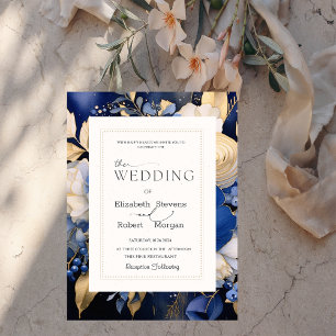 Chic Navy Blue Cream Flowers Wedding Invitation