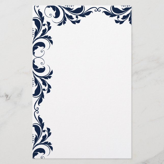 Chic Navy Blue Damask Plain Stationery (Front)