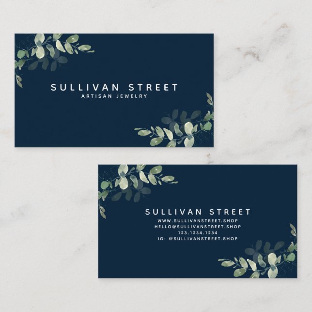 Chic Navy Blue Eucalyptus  Business Card (Front/Back)