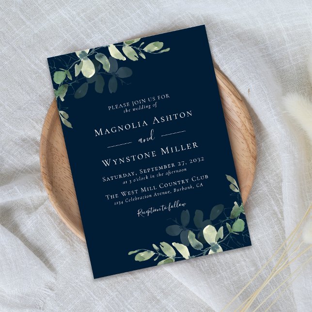 Chic Navy Blue Eucalyptus Wedding Invitation (Creator Uploaded)