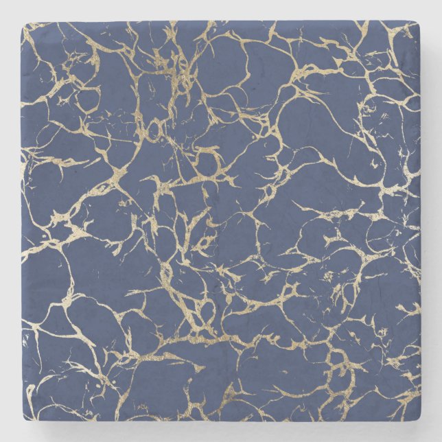 Chic navy blue faux gold foil marble pattern stone coaster (Front)