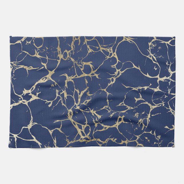 Chic navy blue faux gold foil marble pattern tea towel (Horizontal)