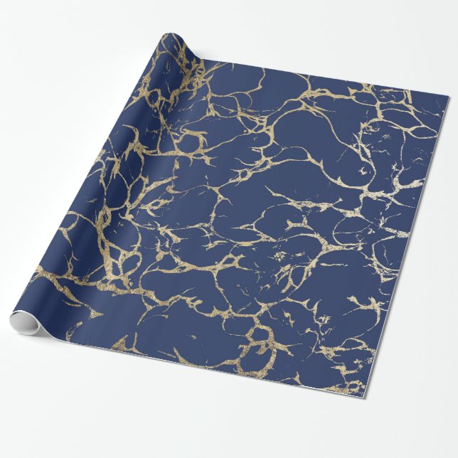 Chic navy blue faux gold foil marble pattern wrapping paper (Unrolled)