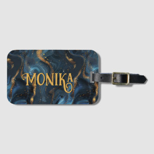 Chic Navy Blue Faux Gold Glitter Marble Monogram Luggage Tag