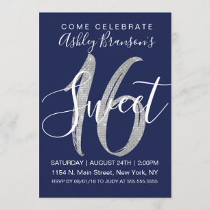 Chic Navy Blue Faux Silver Sequin Glitter Sweet 16 Invitation