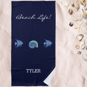 Chic Navy Blue Fish and Shell Name  Beach Towel