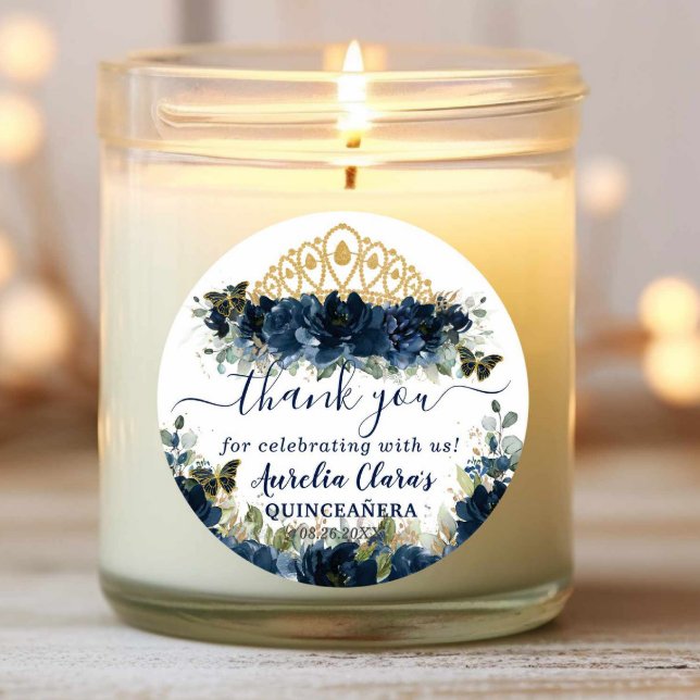 Chic Navy Blue Floral Roses Butterflies Favour Classic Round Sticker (Creator Uploaded)