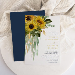 Chic Navy Blue Floral Sunflower Wedding Gold