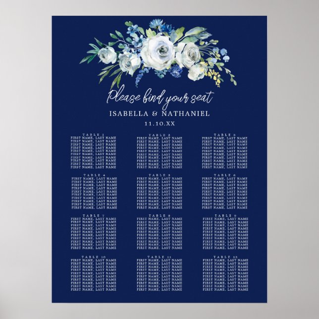 Chic Navy Blue Floral Winter Wedding Seating Chart (Front)