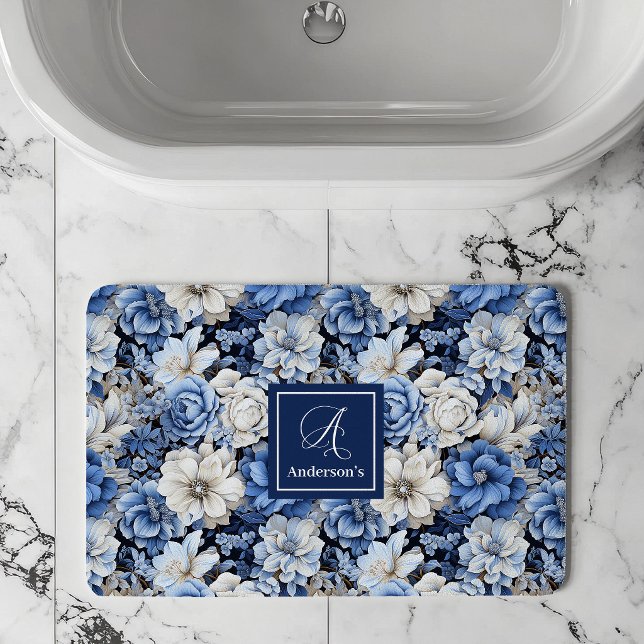 Chic Navy Blue Flowers Custom Name Bath Mat (Chic Navy Blue Flowers Custom Name Bath Mat)