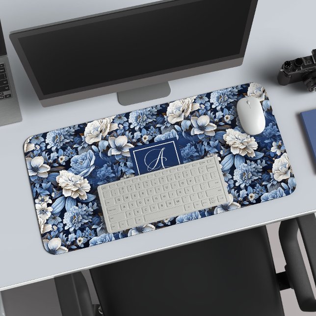 Chic Navy Blue Flowers Stylish Desk Mat (Chic Navy Blue Flowers Stylish Desk Mat)