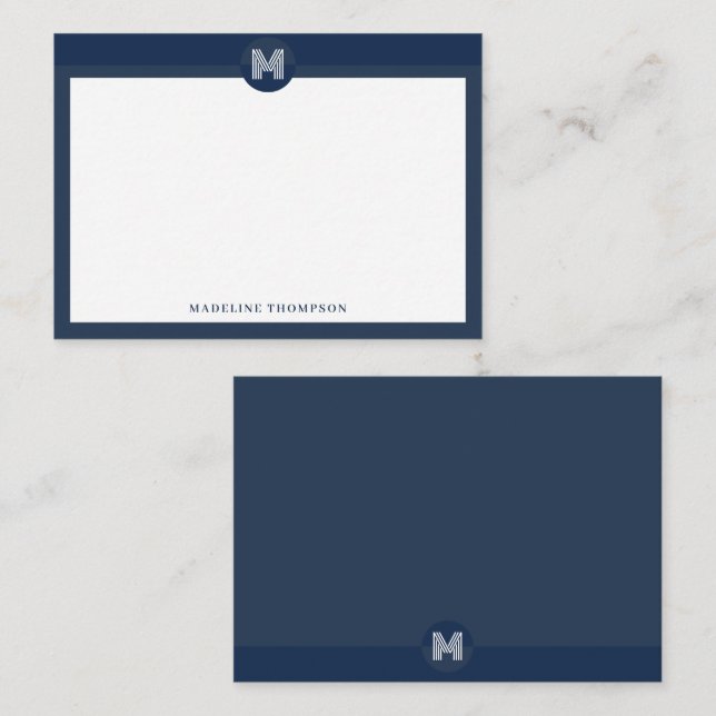 Chic Navy Blue Geometric Modern Monogram Card (Front/Back)