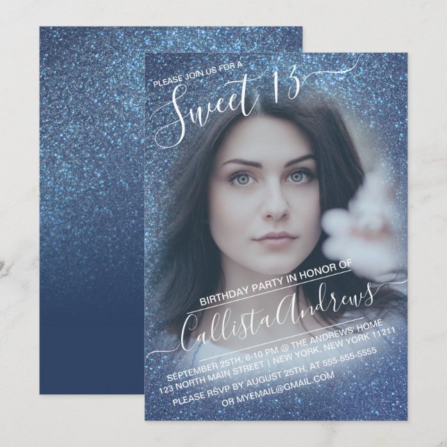 Chic Navy Blue Glitter Ombre Photo Sweet 13 Invitation (Front/Back)