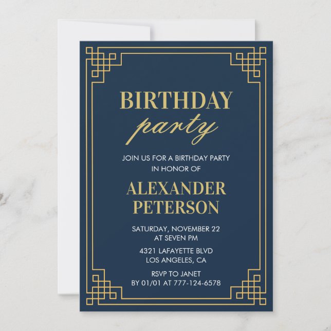 Chic Navy Blue Gold 82nd Birthday Party Invitation (Front)