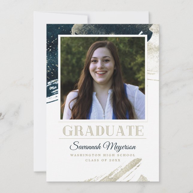 Chic Navy Blue Gold Abstract Graduation  Announcement (Front)