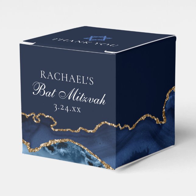 Chic Navy Blue Gold Agate Bat Mitzvah Square Party Favour Box (Front Side)