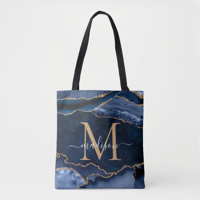 Chic Navy Blue Gold Agate Geode Feminine Monogram Tote Bag (Front)