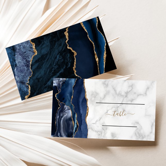 Chic Navy Blue Gold Agate Marble Wedding Business Card (Creator Uploaded)