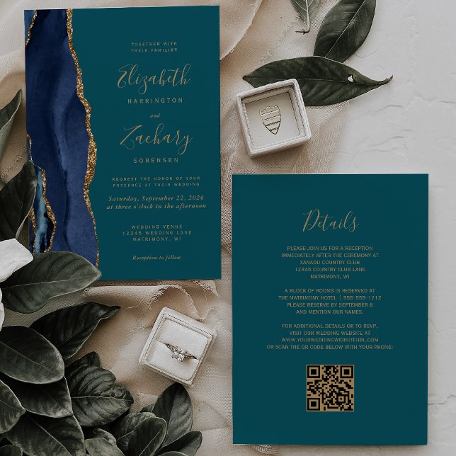 Chic Navy Blue Gold Agate Teal QR Code Wedding Invitation (Creator Uploaded)
