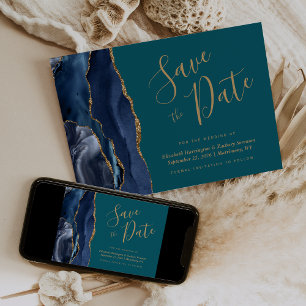 Chic Navy Blue Gold Agate Teal Save the Date Card