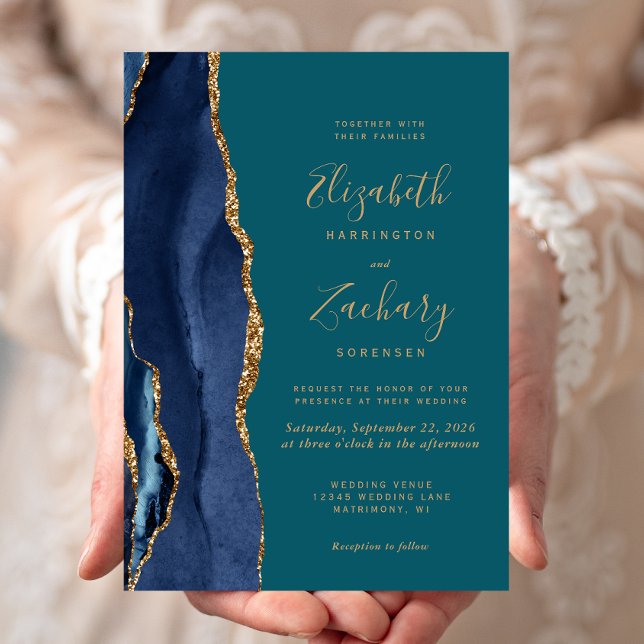 Chic Navy Blue Gold Agate Teal Wedding Invitation (Creator Uploaded)