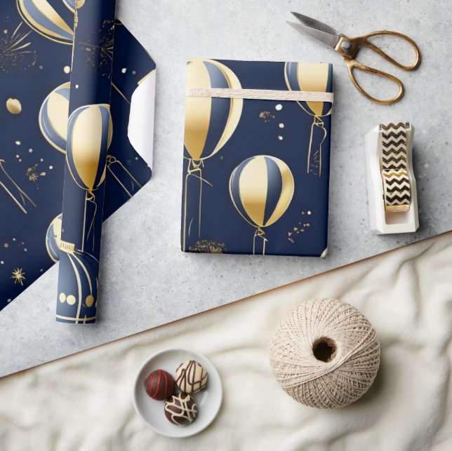Chic Navy Blue Gold Balloon Celebrate birthday  Wrapping Paper (Crafts)
