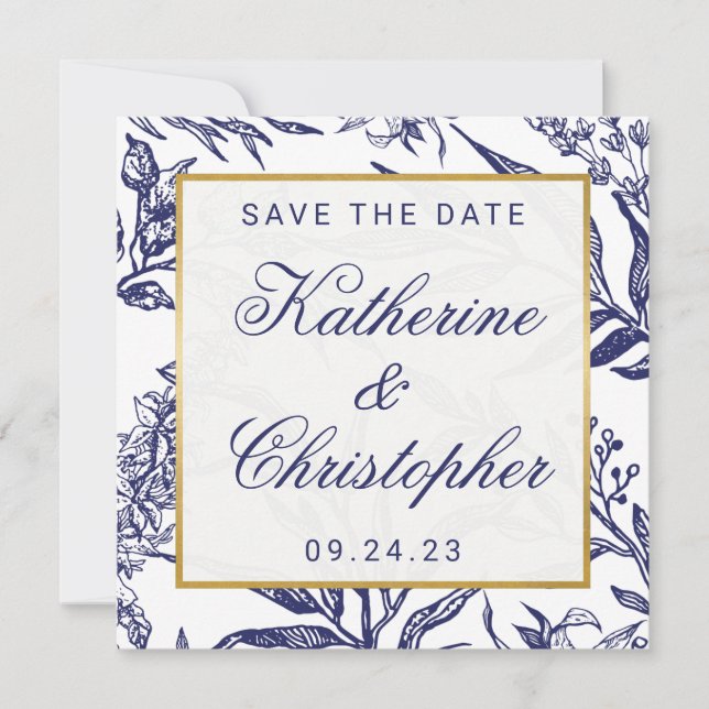 Chic Navy Blue Gold Botanical Save the Date Photo (Front)