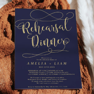 Chic navy blue gold calligraphy rehearsal dinner invitation