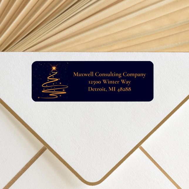 Chic Navy Blue Gold Christmas Tree Return Address (Creator Uploaded)