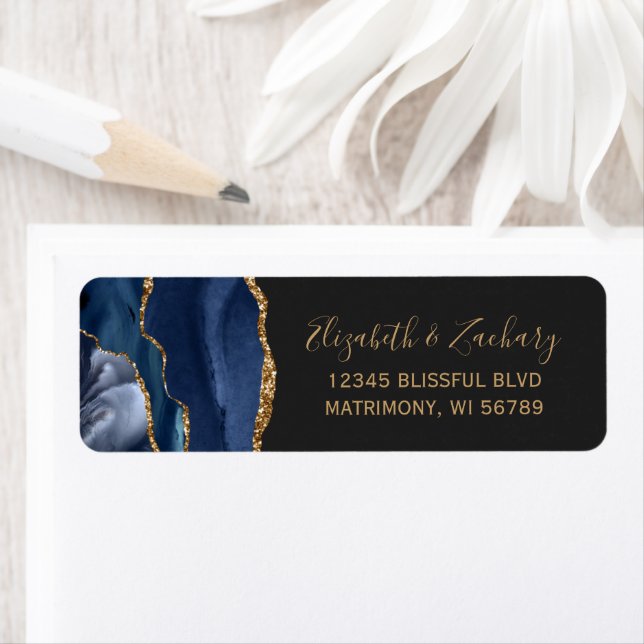 Chic Navy Blue Gold Dark Wedding Return Address (Insitu)