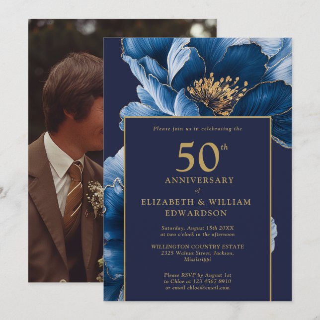 Chic Navy Blue Gold Floral 50th Anniversary Photo Invitation (Front/Back)