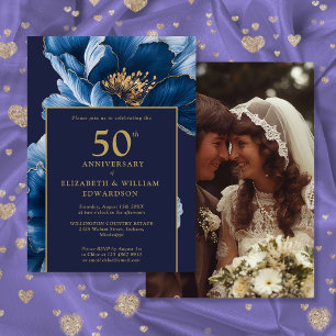Chic Navy Blue Gold Floral 50th Anniversary Photo Invitation