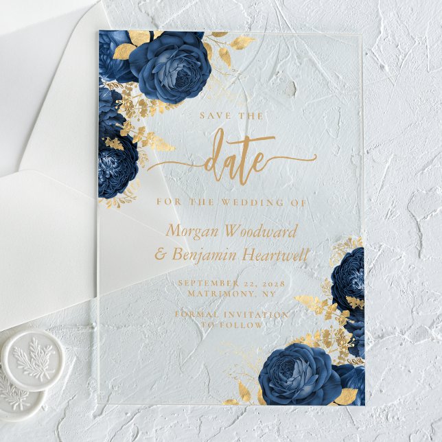 Chic Navy Blue Gold Floral Wedding Save the Date Acrylic Invitations (Creator Uploaded)