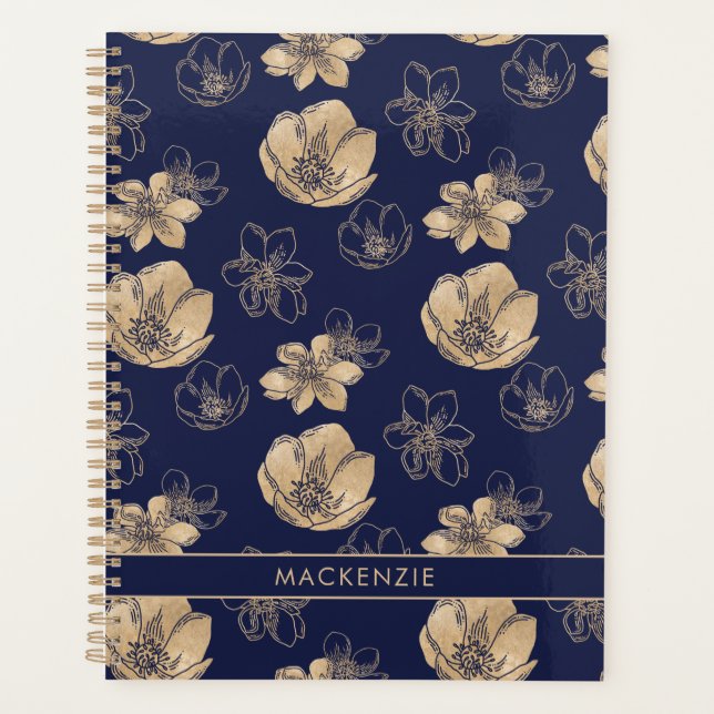 Chic Navy Blue Gold Foil Floral Pattern Planner (Front)