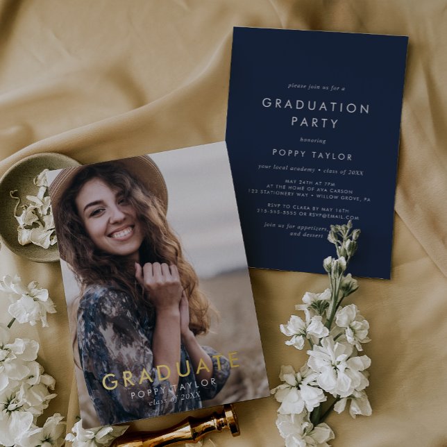 Chic Navy Blue Gold Foil Photo Graduation Party (Creator Uploaded)
