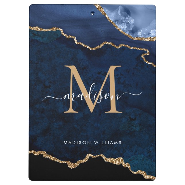 Chic Navy Blue Gold Glitter Agate Geode Monogram Clipboard (Back)