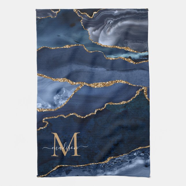 Chic Navy Blue Gold Glitter Geode Marble Monogram Tea Towel (Vertical)