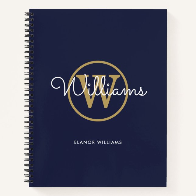 Chic Navy Blue Gold Monogram Name Notebook (Front)