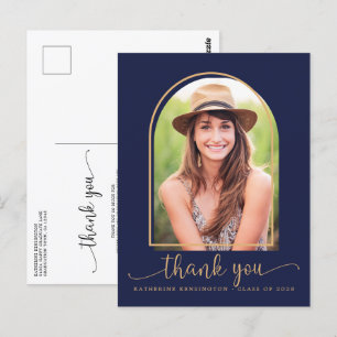 Chic Navy Blue Gold Photo Graduation Thank You Postcard