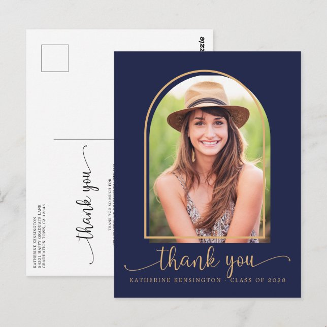Chic Navy Blue Gold Photo Graduation Thank You Postcard (Front/Back)