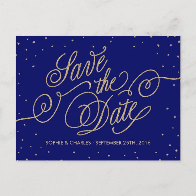Chic Navy Blue & Gold Stars Save the Date Postcard (Front)