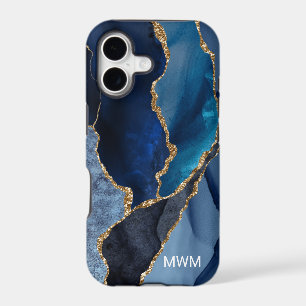 Chic Navy Blue Gold Veins Agate Monogram