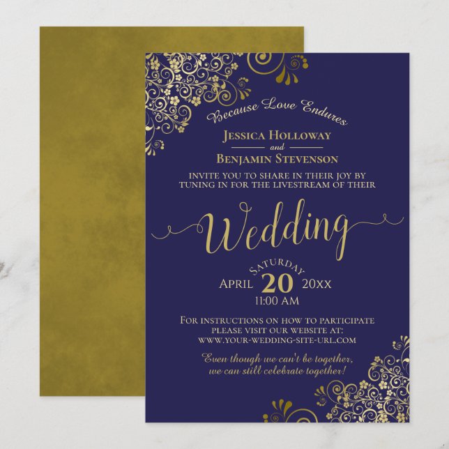 Chic Navy Blue & Gold Virtual Wedding Livestream Invitation (Front/Back)