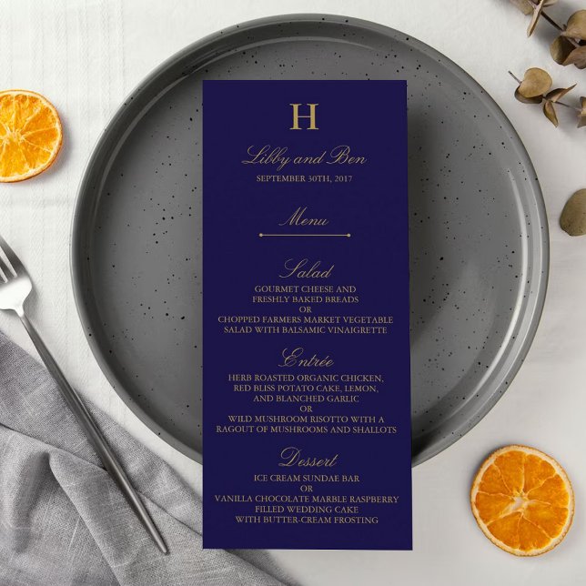 Chic Navy Blue & Gold Wedding Menu Template (Creator Uploaded)