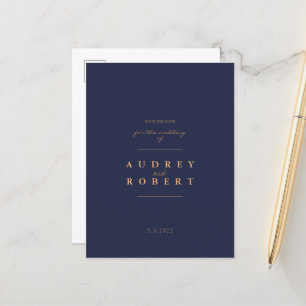 Chic Navy Blue Gold Wedding Save The Date Announcement Postcard