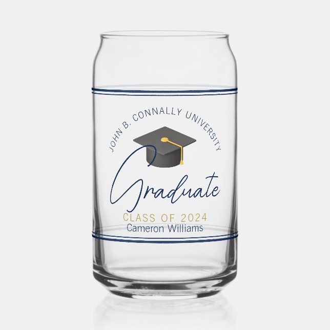 Chic Navy Blue Graduation Keepsake Gift Can Glass (Front)